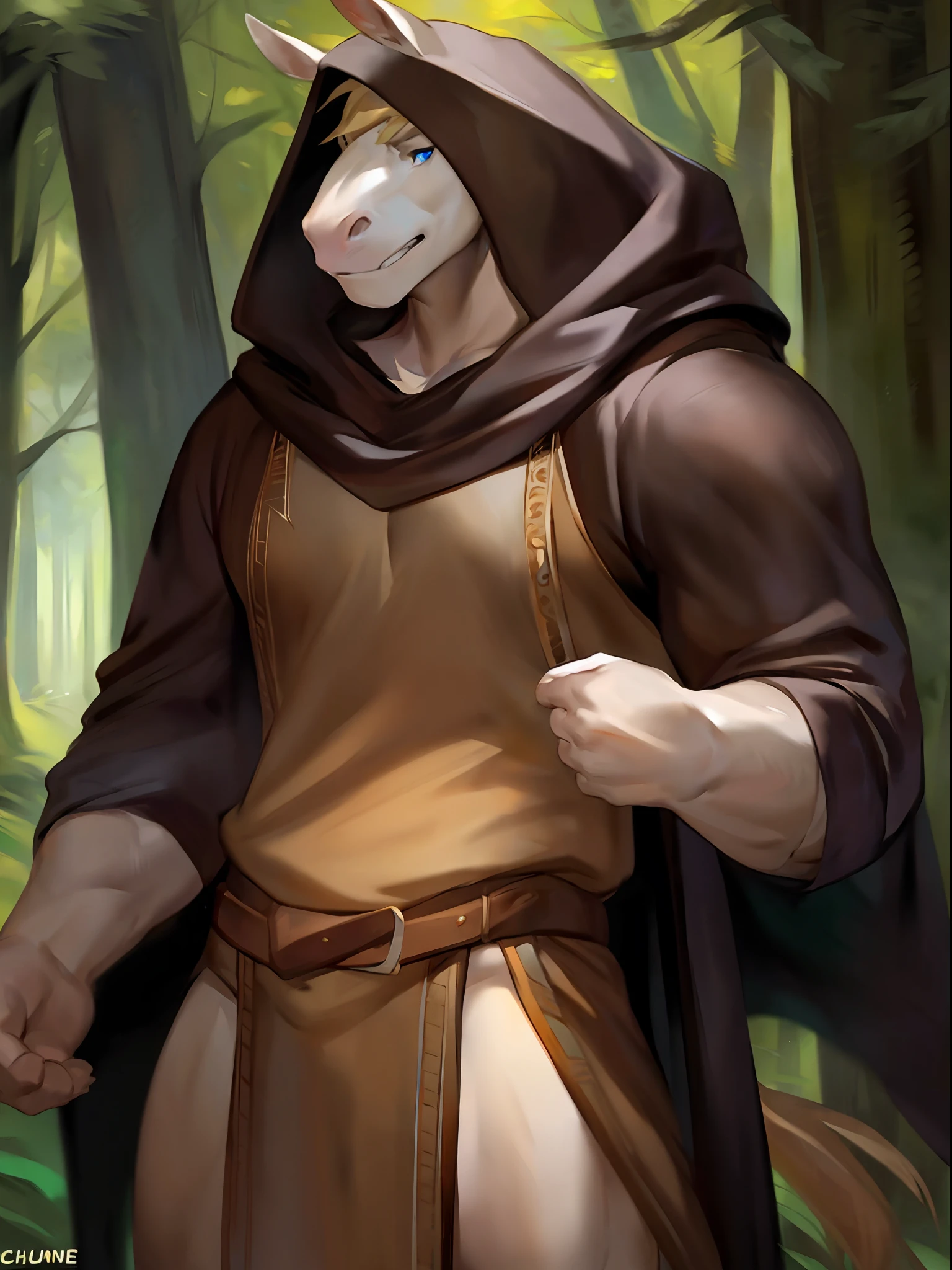 独奏, male, standing, forest, by chunie, by bebebebebe, by spuydjeks, by darkgem, muscular, equine, white horse, blonde hair, blue eyes, smirking, lifting tunic, exposing penis, equine penis, tan tunic, black cloak, hood