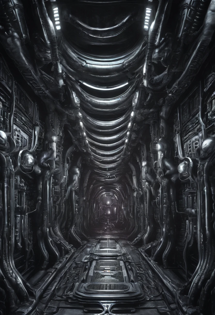 giger, biomechanic, surreal, lovecraftian,tentacles spaceship interior corridor