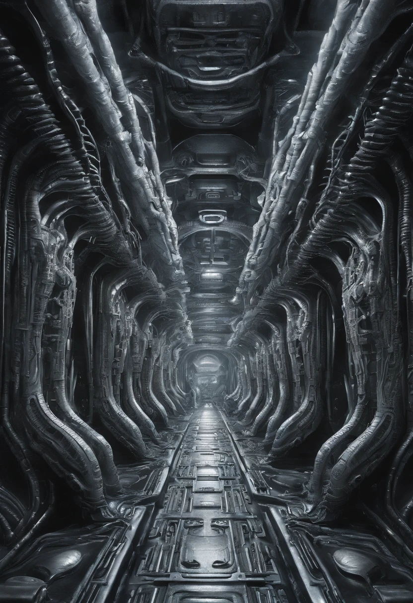 giger, biomechanic, surreal, lovecraftian,tentacles spaceship interior corridor
