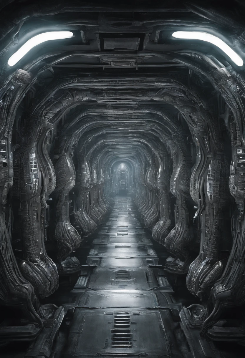 giger, biomechanic, surreal, lovecraftian,tentacles spaceship interior corridor