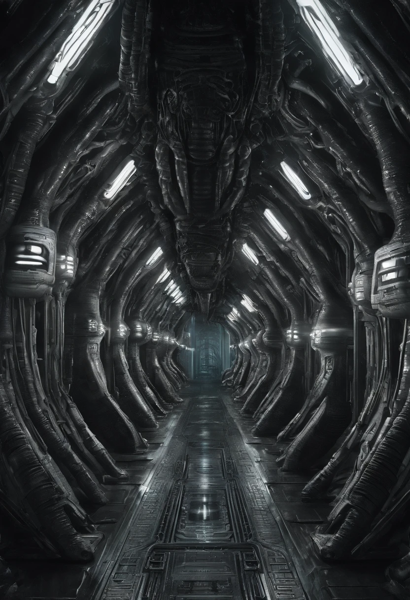 giger, biomechanic, surreal, lovecraftian,tentacles spaceship interior corridor