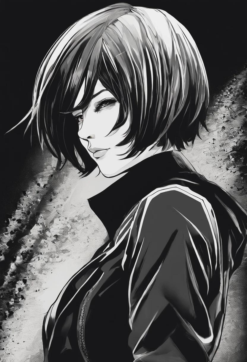 /imagine prompt: Mikasa Ackerman illustration for a sticker with a black background, in bold outline style, jagged edges, trashcore, light shading --v 5.2,