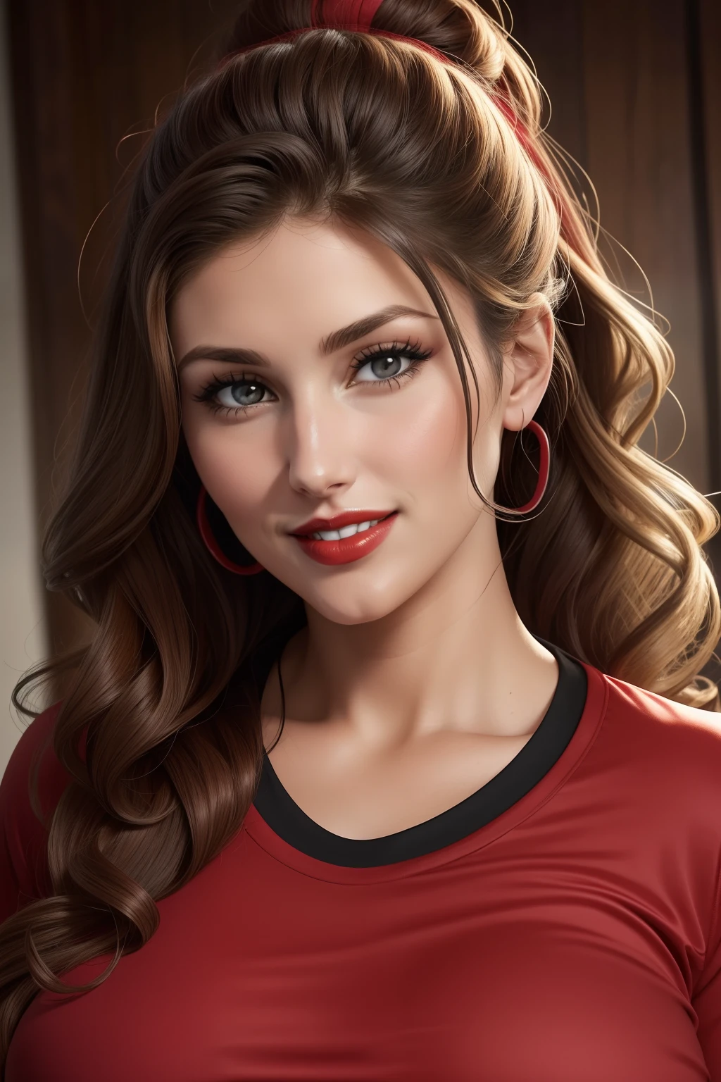 Lucy Pinder, Face portrait, smiling, brown hair, cleavage, red lipstick, leather t-shirt, bunny ear headband
