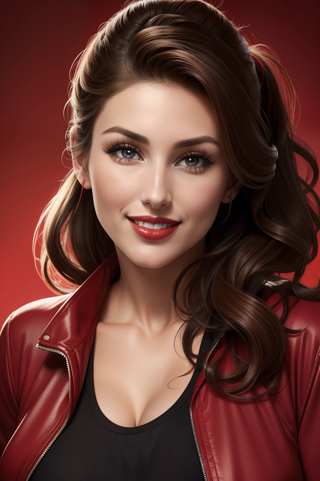 Lucy Pinder, Face portrait, red lipstick, smiling, brown hair, straight hair, ponytail, black leather t-shirt, cleavage.