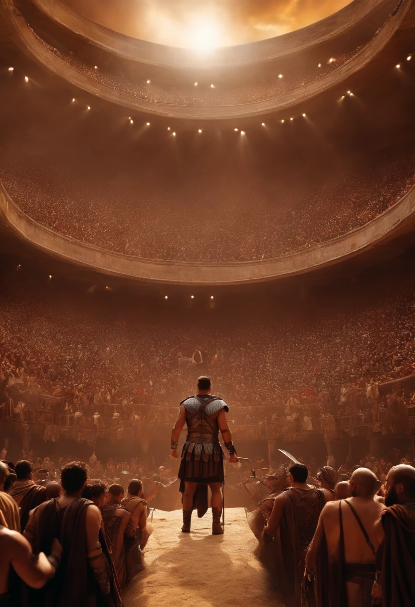 Create an ultra-realistic, high-resolution image, capturing a live gladiator match from the perspective of a fan sitting in the Colosseum. Incorporate fine details, true-to-life colors, and high-resolution textures to create a highly realistic representation of a gladiator match as experienced by a spectator in ancient Rome