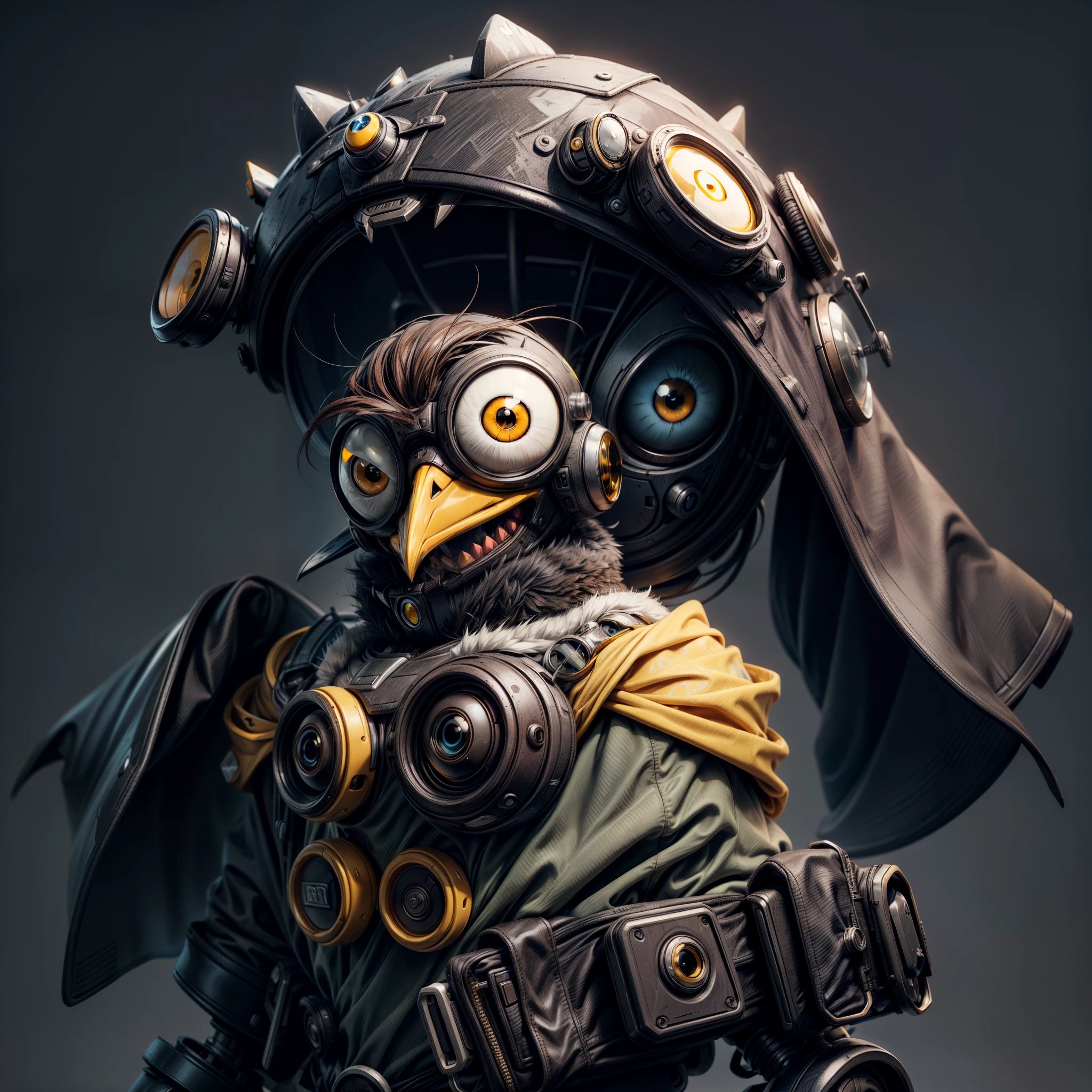 Penguin Robot. Black ice furr and yellow frosty cold eyes. Wearing Brown-gray arctic gear with furr collar and hood with Googles.