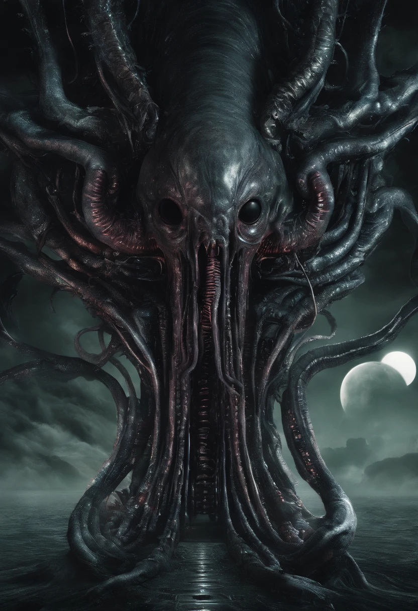 dark alien giger inspired landscape of dark oozing liquid tentacles and floating alien textured orbs, lovecraftian,visceral,nightmare,tentacles,dreadful humanoid,imagination,fantastical,dramatic,dark tones,paranormal,macro lens,surreal juxtaposition,lovecraftian,cosmic horror,horror,c'thulhu