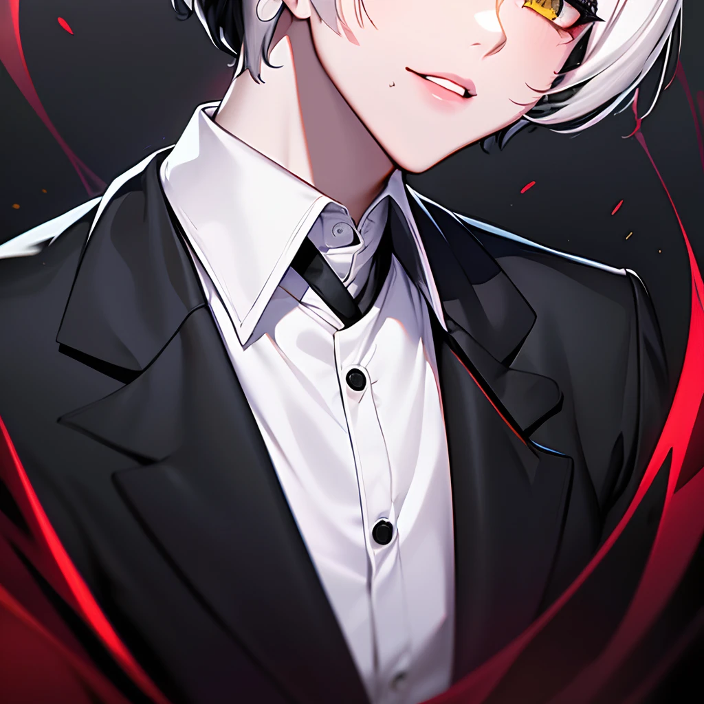 kk, best quality, more details, masterpiece, kaneki ken, 1boy, male focus, solo, heterochromia, black background, bangs, yellow eyes, glowing eyes, ghost, spooky, short hair, shirt, hand up, white hair, collared shirt, nail polish, black shirt, parted lips, looking at viewer, upper body, teeth, black nails, luxurious, 8k, detailed, ray tracing, depth of field, cinematic lighting, blood,
