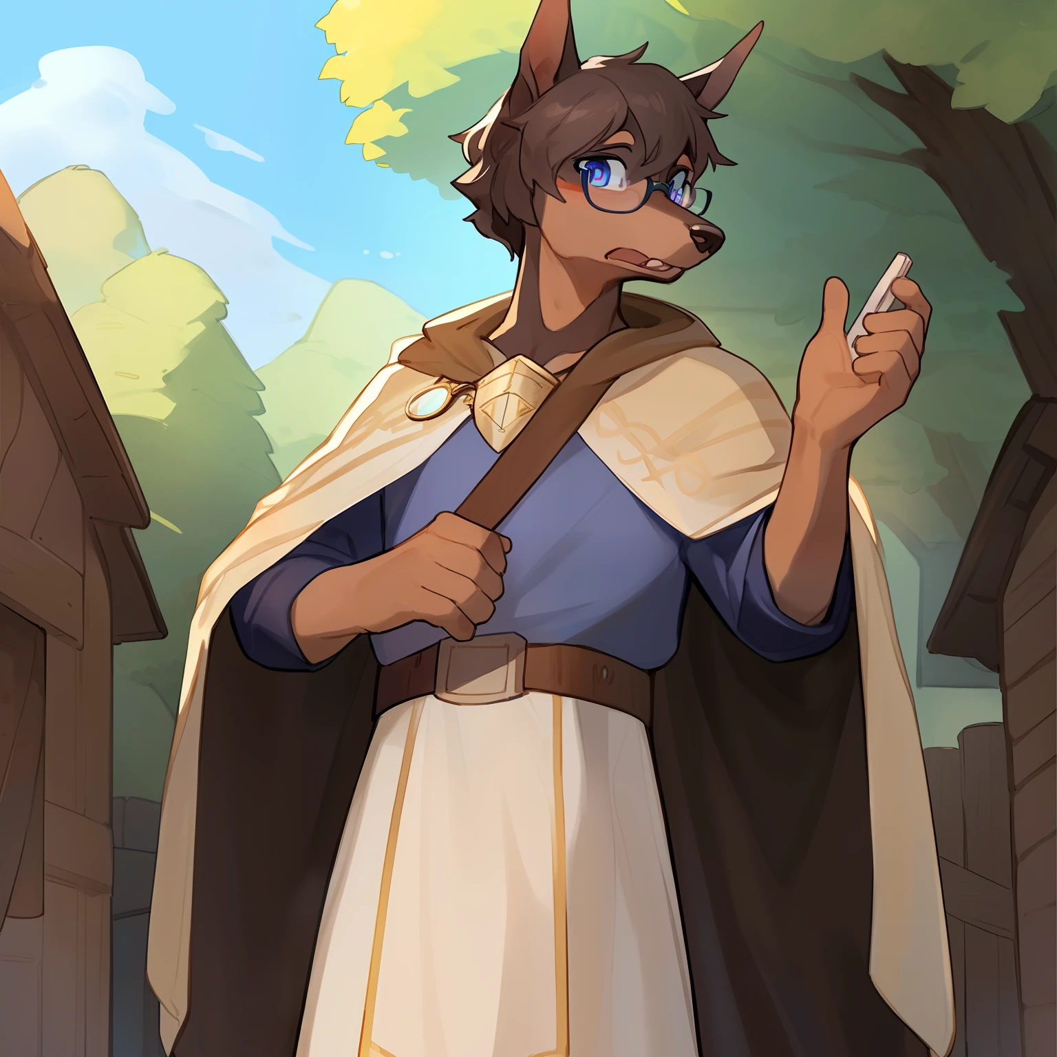 By bebebebebe, solo, male, looking at viewer, shocked, surprised, glasses, detailed eyes, indigo eyes, canine, (((dobermann, snout))), grey fur, ((hair, short wavy hair)), fantasy village, tan tunic, cleric, chocolate cloak