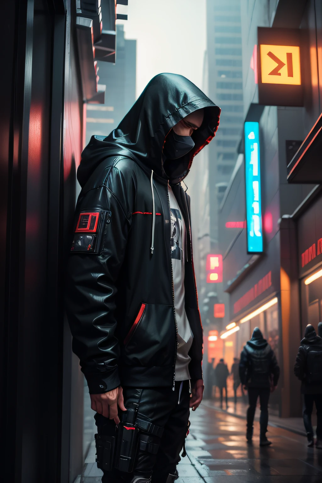 man, hooded, partially covered face, tall with fret, 4k high definition, cyberpunk, dank, view frontal