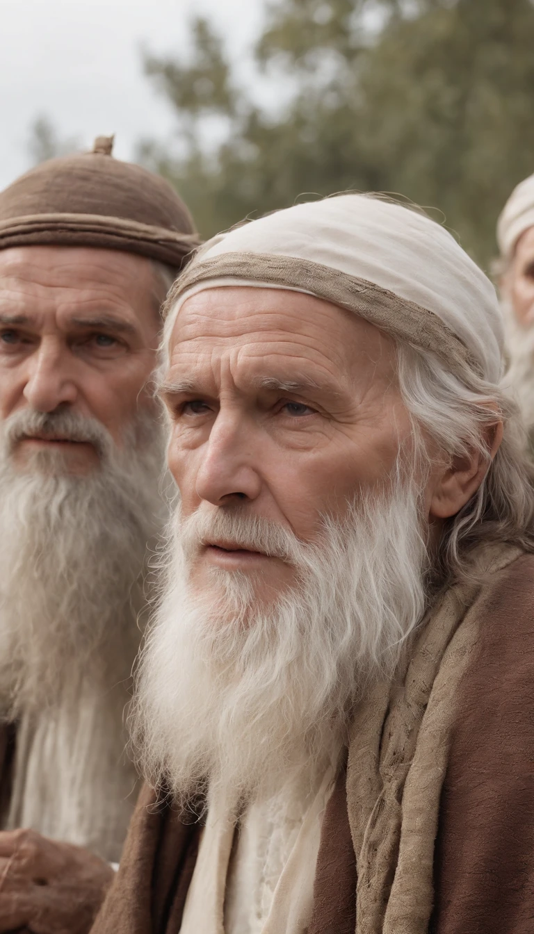 3 Old men, long white beard, prophet Methuselah, biblicalphotorealistic, 8k, Super Detail, accurate, best quality.