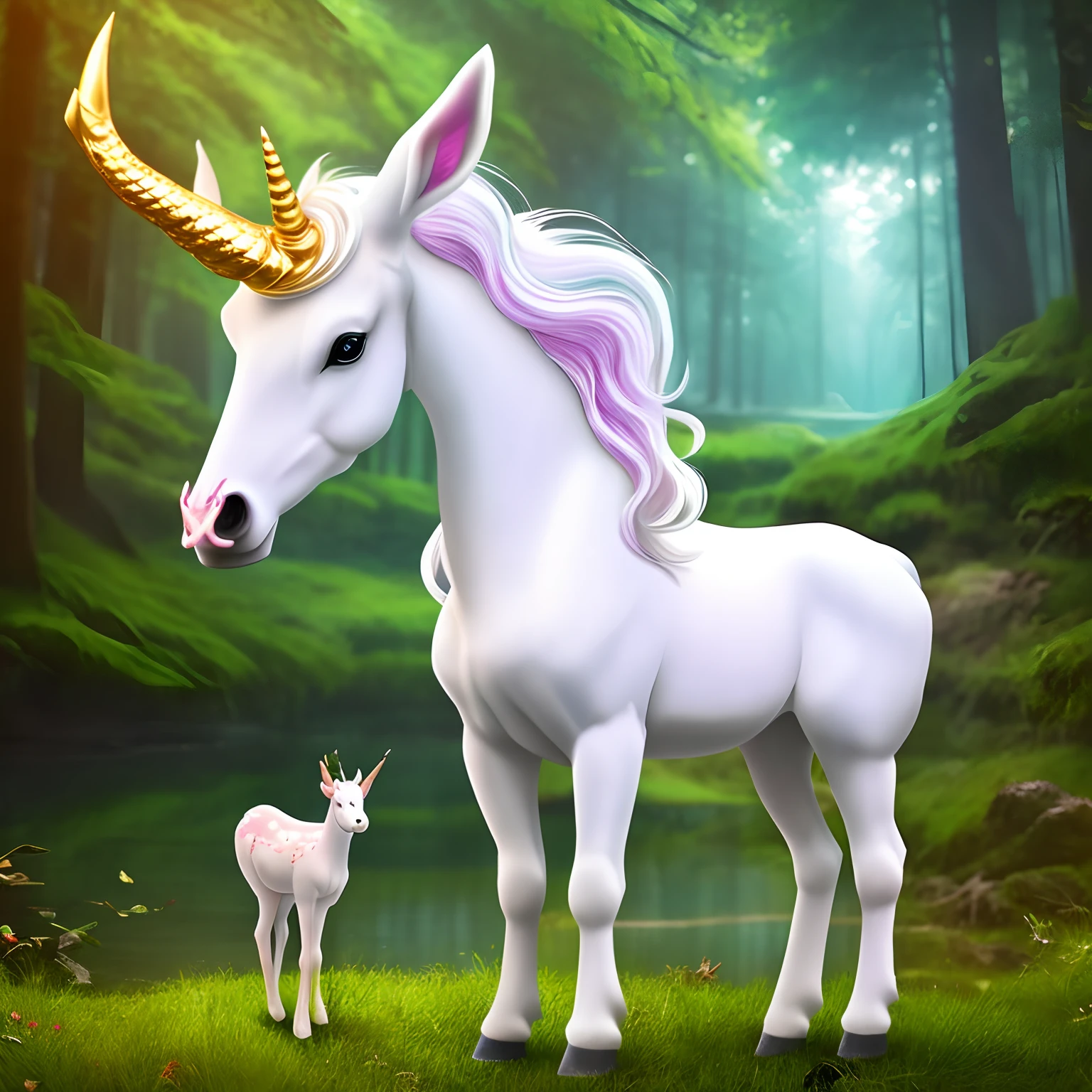 Create a fantasy image of a baby unicorn that has a single antler, like that of a deer, instead of a typical unicorn horn. The setting is a forest by a serene lake.