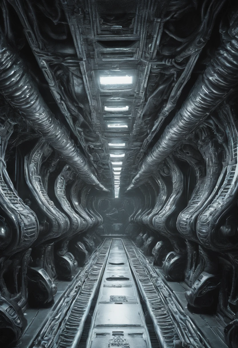 giger, biomechanic, surreal, lovecraftian,tentacles spaceship interior corridor, wide angle, worms eye pov