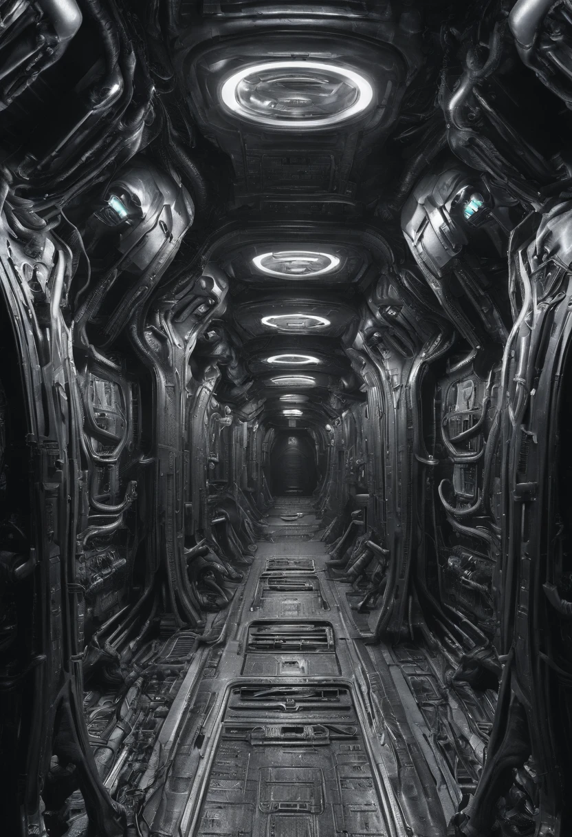 giger, biomechanic, surreal, lovecraftian,tentacles spaceship interior corridor, wide angle, worms eye pov