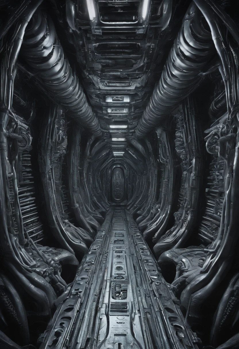 giger, biomechanic, surreal, lovecraftian,tentacles spaceship interior corridor, wide angle, worms eye pov