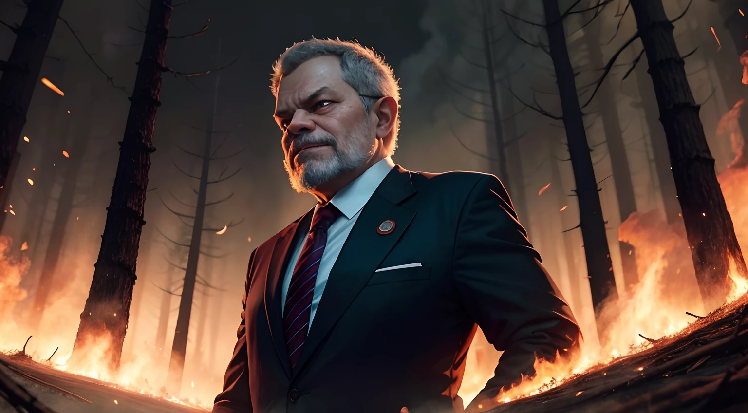 President LULA dressed in a suit with an evil expression in the middle of a clearing in a burning forest