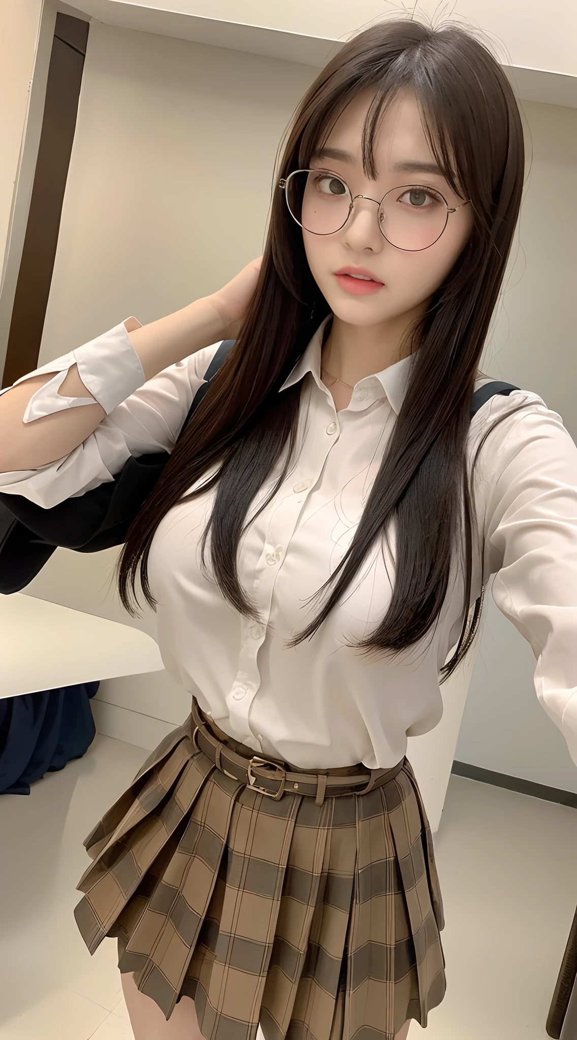 Face without makeup、Background of the riverbed、Ultra short check school uniform skirt、garterbelts、huge tit、Stylish glasses、full bodyesbian、Standing Sexy Pose、An ultra-high picture quality、8K、portlate、Lustrous skin、
