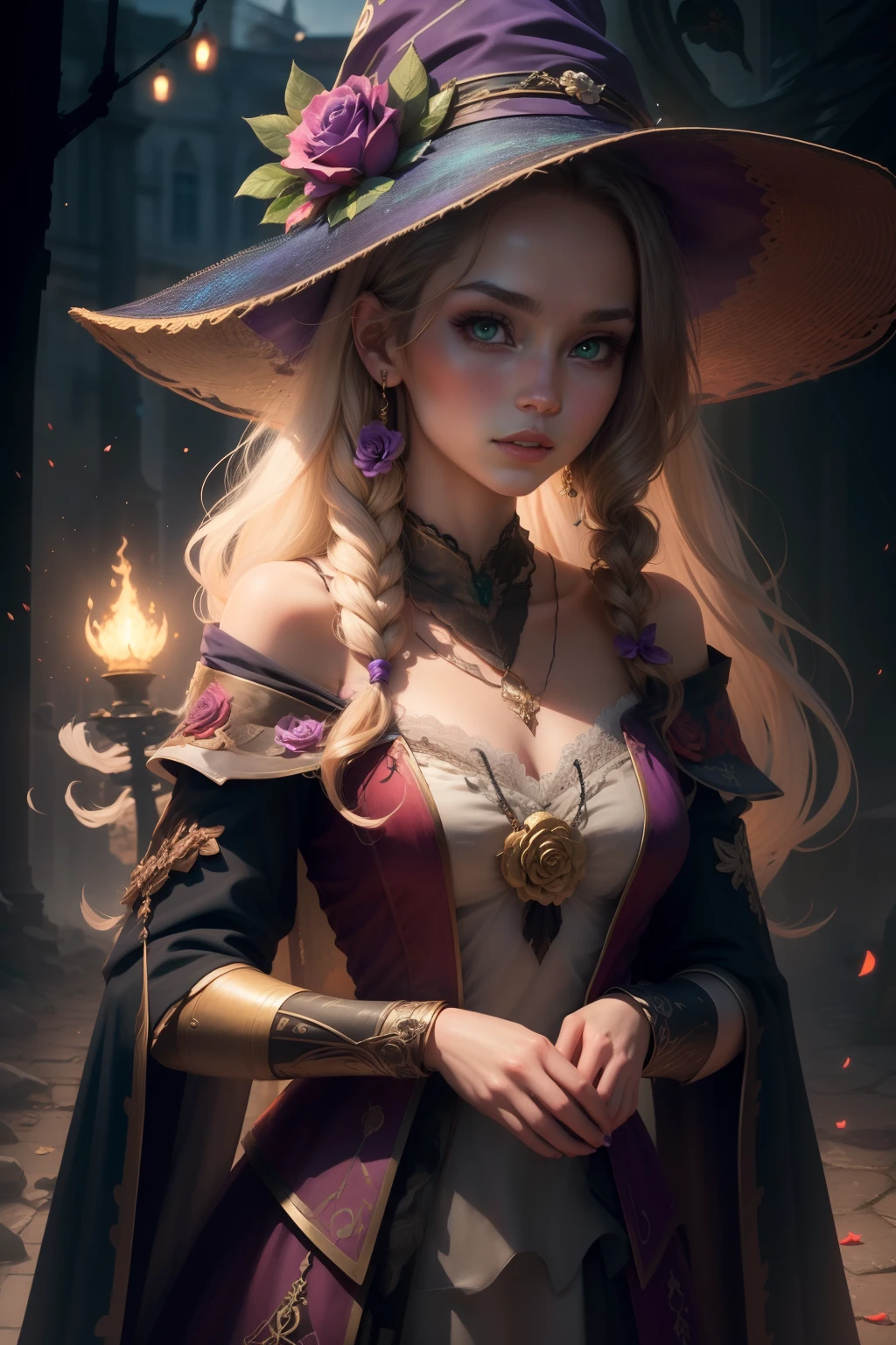 a beautiful girl, perfect face, arms at sides, masterpiece, ultra high res, high quality, 4k, upper body:1.5, lisa (genshin impact), urple witch hat, green eyes, brown hair, (PureErosFace_V1:0.008), (european:1.6), bangs, dress, rose, jewelry, witch, capelet, purple headwear, black gloves, purple flower, hair between eyes, purple rose, parted lips, purple capelet, hat flower, multicolored dress, hair ornament, windmill, from side,