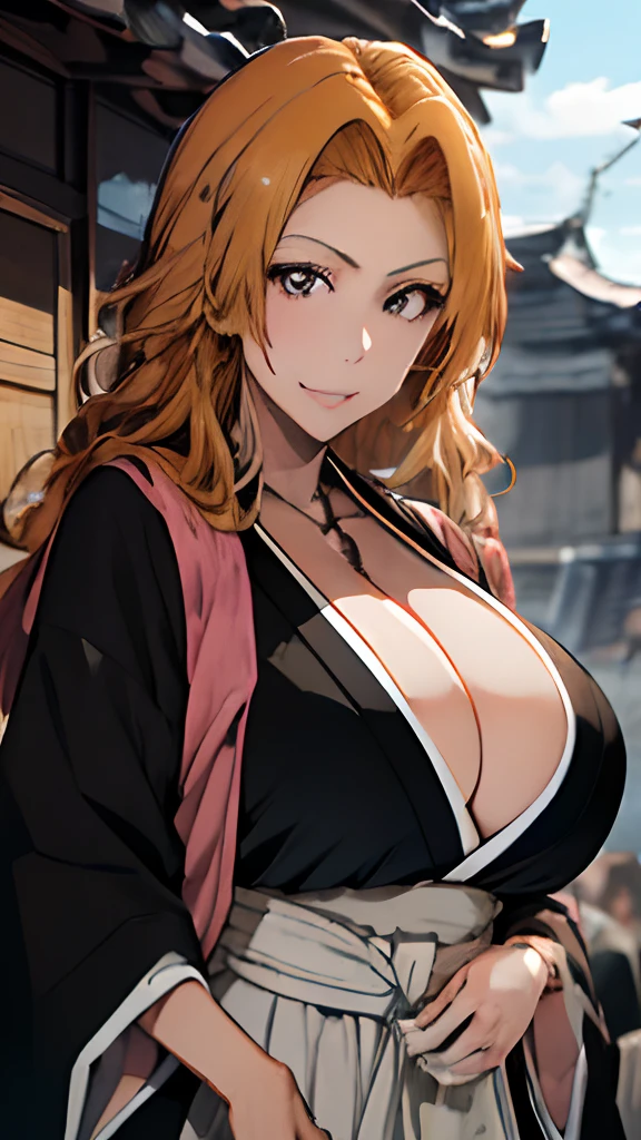 Longik，tmasterpiece，top-quality，best qualtiy，Very detailed，（Delicate facial features，Gray eye，orange color hair|long golden hair，Black kimono，Black kimono，silver chains，Pink Shawl，Wide black sleeve，white sash，）（（（gigantic cleavage breasts）））， Shuichi Matsumoto，looking at viewert，ssmile，