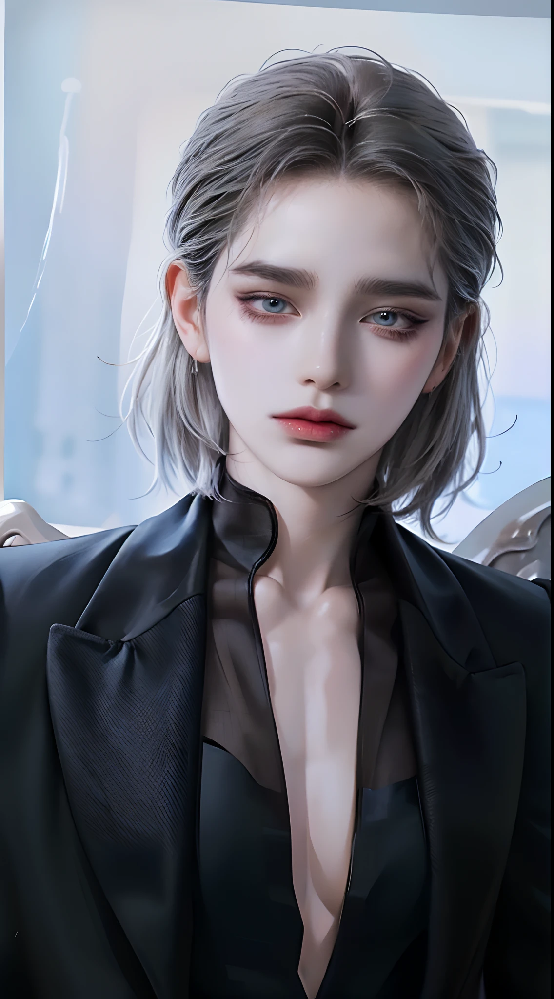 ((4K works))、​masterpiece、（top-quality)、((high-level image quality))、((one beautiful women))、Slim body、((Black Y Shirt Fashion))、(Detailed beautiful eyes)、Fantastic city background、((Face similar to Chaewon in Ruseraphim))、((Bob Hairstyles))、((bright silver hair))、((Smaller face))、((Neutral face))、((Light blue eyes))、((Korean Women))、((18year old))、((Wild Lady))、((Glaring at him with a savage look))、((Korean makeup with black eyeshadow))、((elongated and sharp eyes))、((Shot alone))、((Fallen Angel))、((Fallen Angel Woman))、Photos of fallen angels、((crow))、Villain、((amazing photo))、Photographed so that the whole body can be seen、horor、Dark Proof