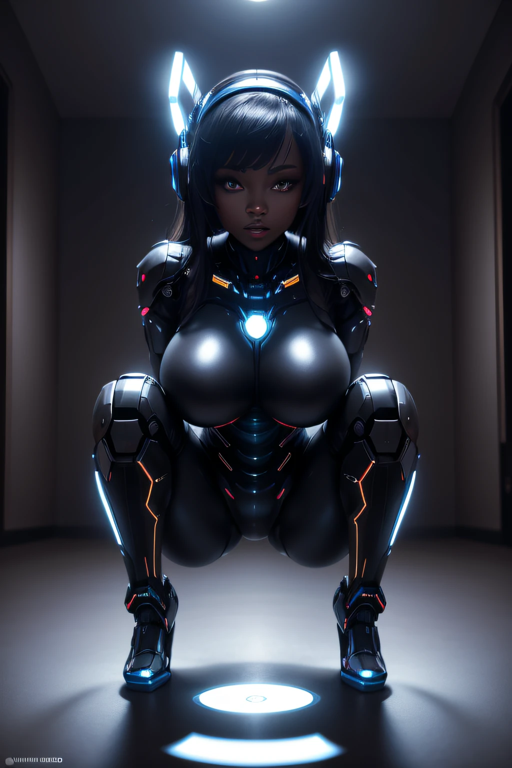 a beautiful robot standing in a pitch black room on a circular platfotm with LEDs acting as up lights. She is squatting, legs open displaying her body, very sexy pose. her face looks like a black woman with HUGE breasts. her skin is black rubber