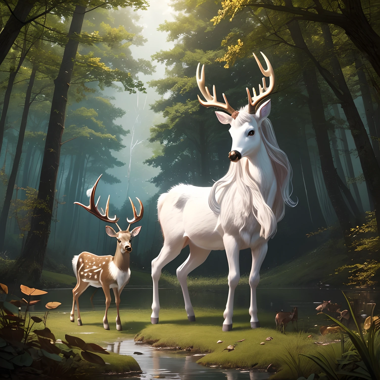 Create a fantasy image of a baby unicorn that has a (((single antler, like that of a deer))), instead of a typical unicorn horn. The setting is a forest by a serene lake. 32KUHD