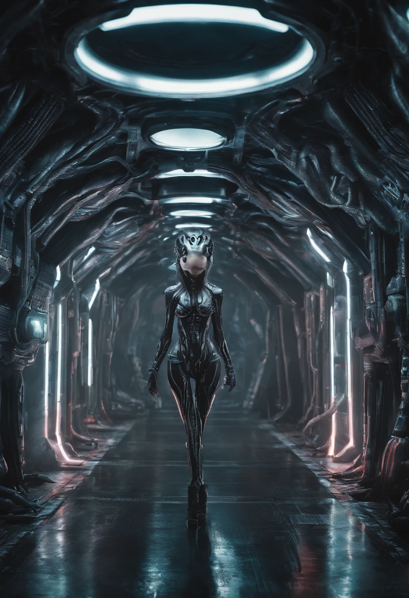 1 sexy Cyberpunk girl, futuristic, mechanical aesthetics, giger, biomechanic, surreal, lovecraftian,tentacles spaceship interior corridor, wide angle, worms eye pov