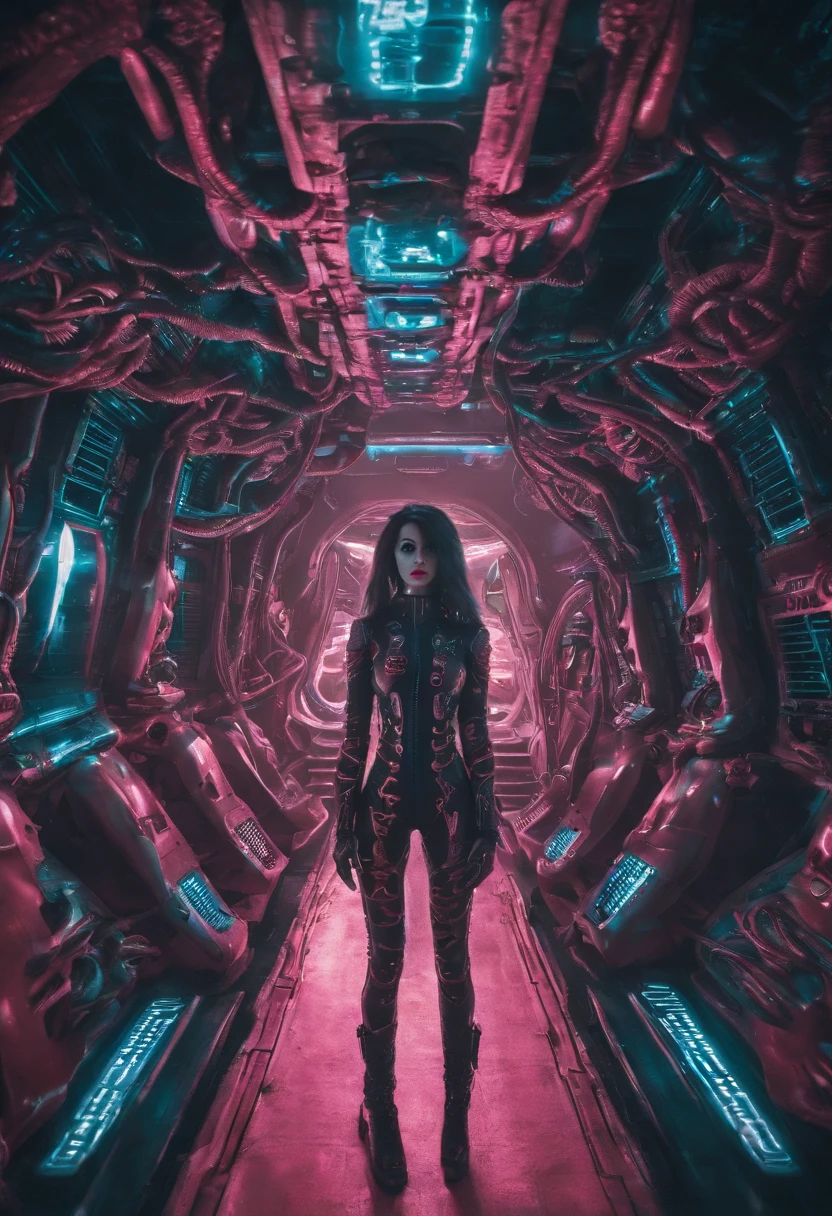 1 sexy Cyberpunk girl, futuristic, mechanical aesthetics, giger, biomechanic, surreal, lovecraftian,tentacles spaceship interior corridor, wide angle, worms eye pov