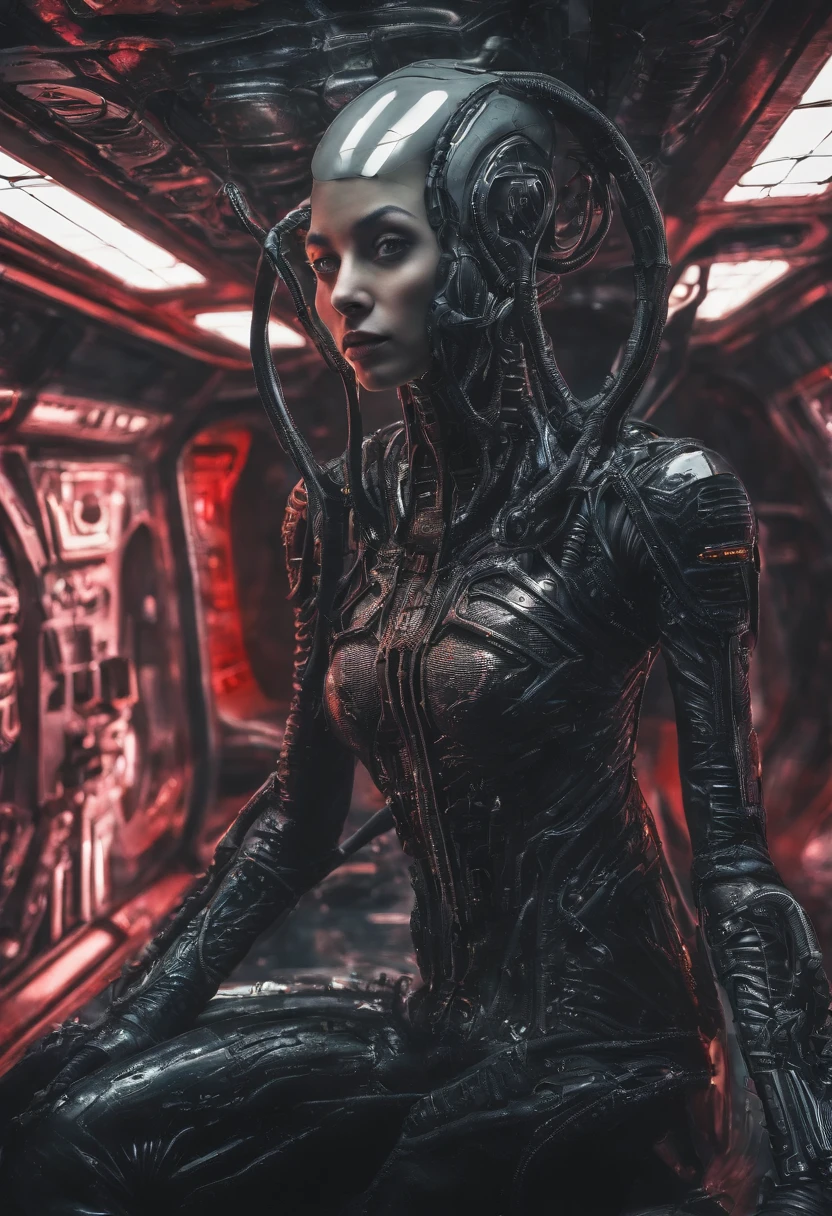 1 sexy Cyberpunk girl, futuristic, mechanical aesthetics, giger, biomechanic, surreal, lovecraftian,tentacles spaceship interior corridor, wide angle, worms eye pov