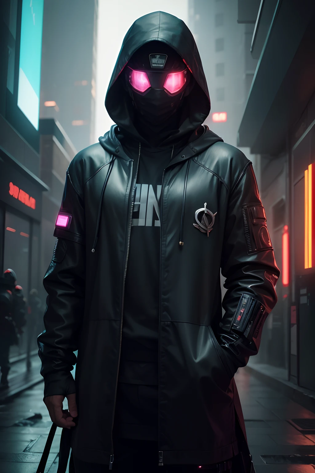 Man, Anos 40, com capuz, face parcialmente coberta, alto com traste, 4k high definition, Cyberpunk, obrigado, frontal position, olhos brilhantes, detalhes da roupa com tecnologia