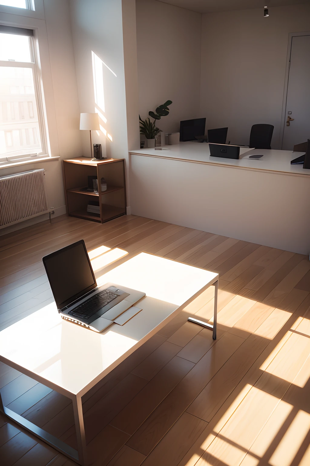 A white office，Several computers，coffee table，Sunlight shines in through the glass on the side，Realistic style，Canon camera，Hyper-realistic style，Realistic light and shadow，