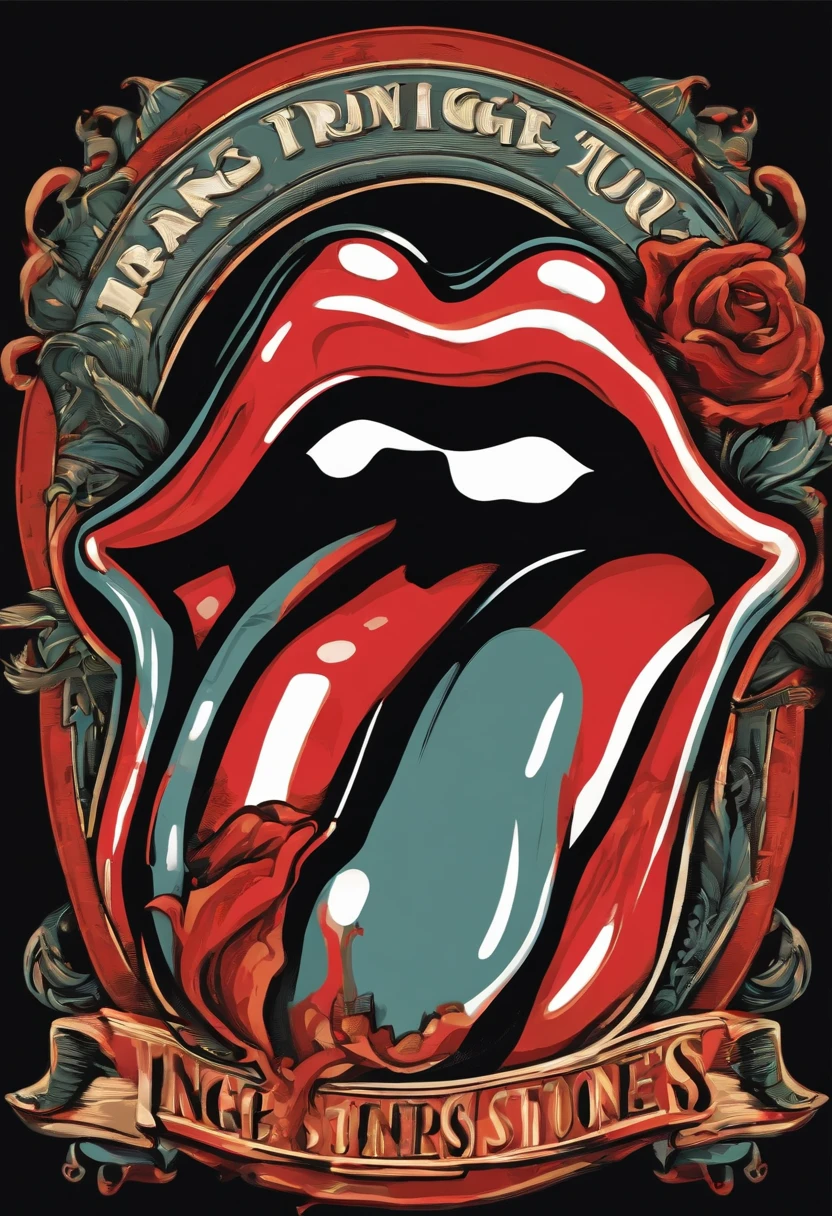 /imagine prompt: Rolling Stones tongue logo poster illustration for a sticker with a black background, in bold outline style, jagged edges, trashcore, light shading --v 5.2,