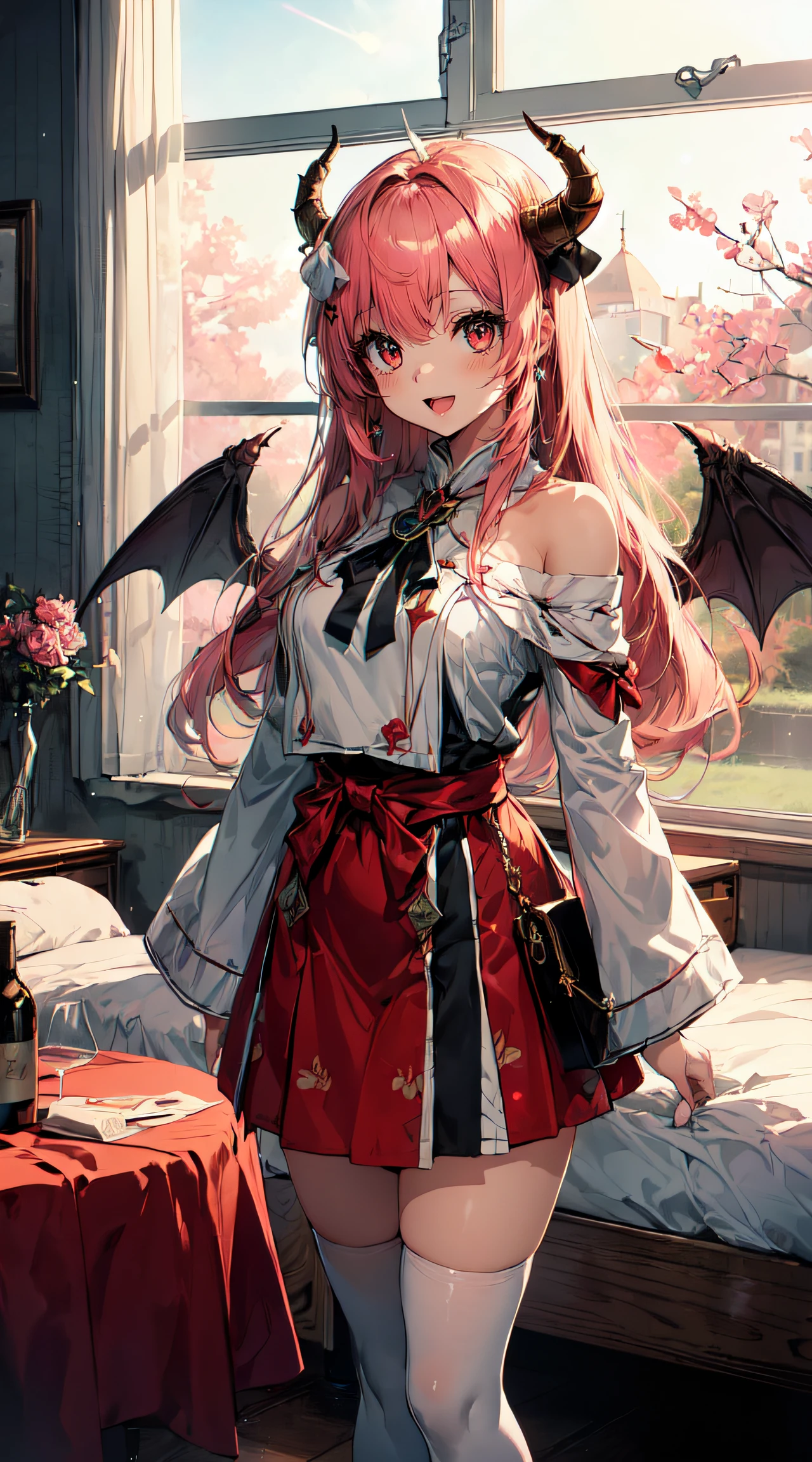 (Beauty:1.5),(Chibi:0.5),(kawaii:2.0),(Cool:2.0),((17 year old girl),(Solo:1.65),BREAK, (huge-breasted:1.2,), Clear skin, Beautiful skin, Shy, 1 beautiful woman,Demons,Colossal tits(Hair Bow, Red hair, Long hair, flipped hair, hair messy,Wings of an angel on the back, Demon King's horn on the head:1.2), (Red Eyes, long eyelashes, Double eyelids: 1.2), Shiny skin, BREAK, (Alice in Wonderland:1.4), Voluminous panniers below ( bare-legged, Standing, Open_Mouth:1.33), (Orange pajamas, Polka dot pajamas, Sleep Wine:1.2),BREAK, (inside in room,Night:1.5),(girl's own room,pink wall paper,a bed,The table,Rooms on the upper floors,A window with a beautiful night view:1.35),Cute,Posing,Look at viewers, Professional Lighting, Physically-based rendering,depth of fields,BREAK, wakame,wakame,wakame,(Highly detailed CG Unity 8k wallpaper), (Best Quality, Very detailed, Colorful, Highest detail), (Best Illustration), (Best Shadow), POV, Realistic lighting and shading, Natural light, Lens flare effect,absurderes, absolutely resolution, unbelievable Ridiculous, hight resolution, ultra-detailliert, Official art, unity 8k, Kinetic Typography Break, ‎ (1girl in, Solo:1.4), Dynamic Poses, sale,(Smile with plenty of room:1.1)       shrine maiden, Komono, (White priestess uniform, Detached sleeves, Off-shoulder, Red mini skirt, White legwear),