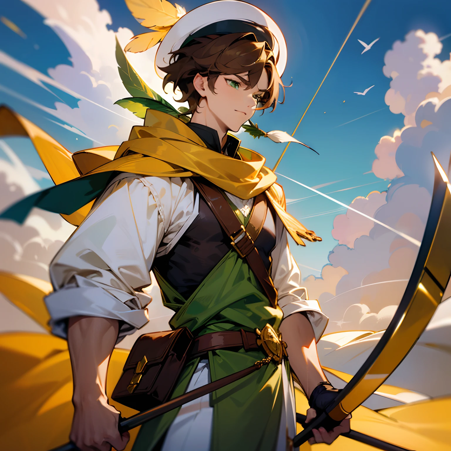 (best quality,highres,ultra-detailed:1.2),HDR,UHD,masterpiece:1.2,tall,25-year-old, male,masculine,has green eyes,brown hair,has short hair,wearing brown and green,wearing royal clothes,has a scarf,has a hat with feather,waiting to strike,wind on his hair,holding a golden bow and arrow,wind energy in his aura,wind flowing around him,Radiant energy flowing through his body,absorbing energy from the surrounding environment