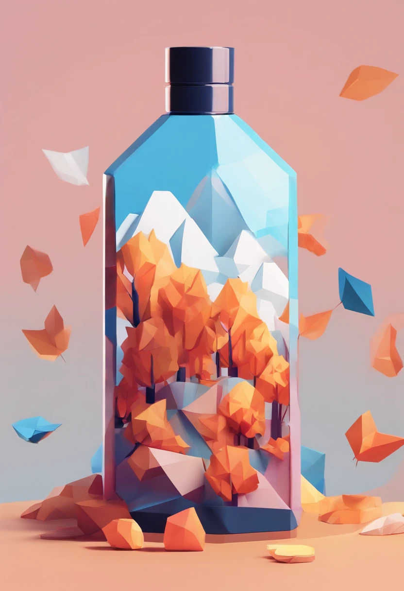 illustartion, Cosmetic Bottle, surrounded by autumn trees, BLUE SKY BACKGROUND, water, Sun light, Low Angle View. Paper Cutting Art Style, Neon color candies, simple, stylish, Bright, empty space, ..3d, redshift, Arnold's renderer, high detail, hiquality.