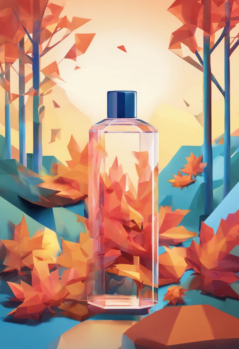 illustartion, Cosmetic Bottle, surrounded by autumn trees, BLUE SKY BACKGROUND, water, Sun light, Low Angle View. Paper Cutting Art Style, Neon color candies, simple, stylish, Bright, empty space, ..3d, redshift, Arnold's renderer, high detail, hiquality.