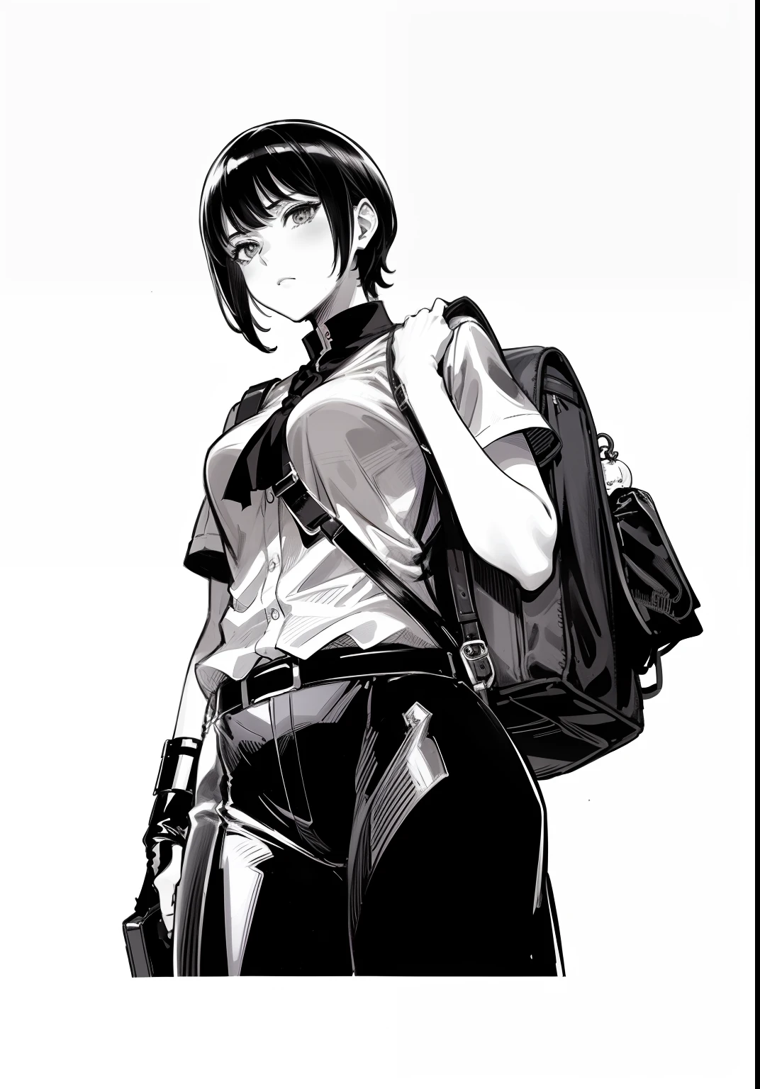 Drawing of a woman with a backpack and handbag, black and white manga style, ink manga drawing, manga style of kentaro miura, sui ishida art manga, in manga style, tall female emo art student, manga character, Kentaro Miura Manga Art Style, tsubasa nakai's style, in yoji shinkawa's art style