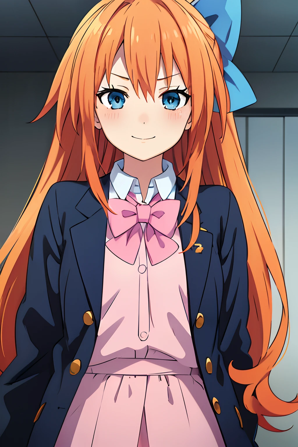 (masterpiece), SD VAE, best quality, expressive eyes, perfect face, super detail, absurdres, high res, ultrasharp, 8K, 
1girl, teen, (orange hair, long hair), blue eyes, (wearing a cyan outfit), (pink bow tie), (cyan bow in head), smiling