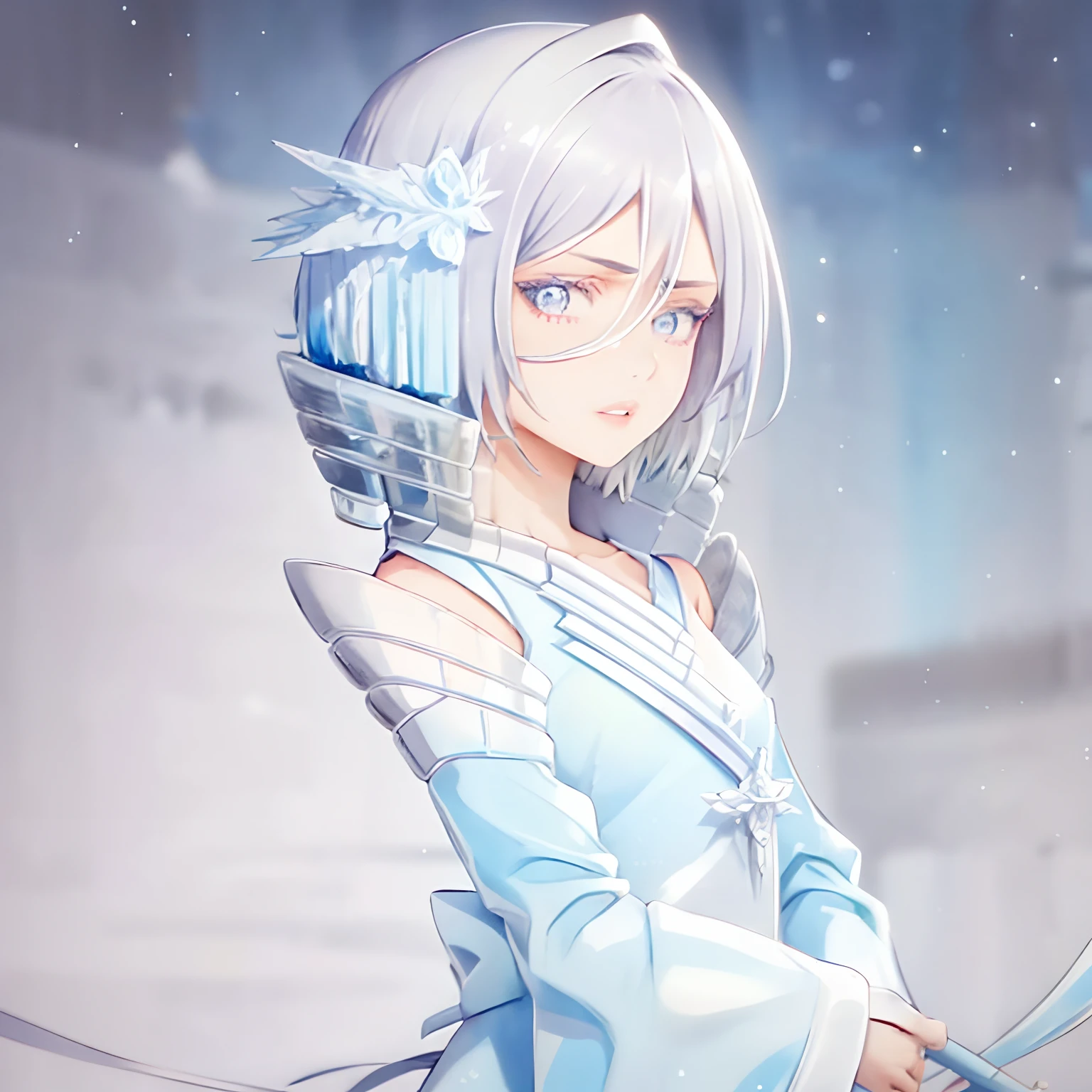 1girl in, Solo, Short hair, Hair Ornament, hair between eye, Parted lips, Looking at Viewer, Detached sleeves, Ice particles, Detailed, Intricate details