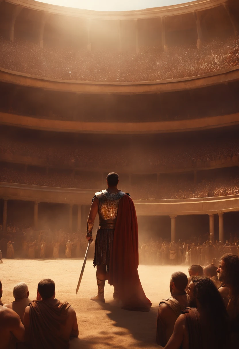 A gladiator in ancient robes and a crowd in the arena