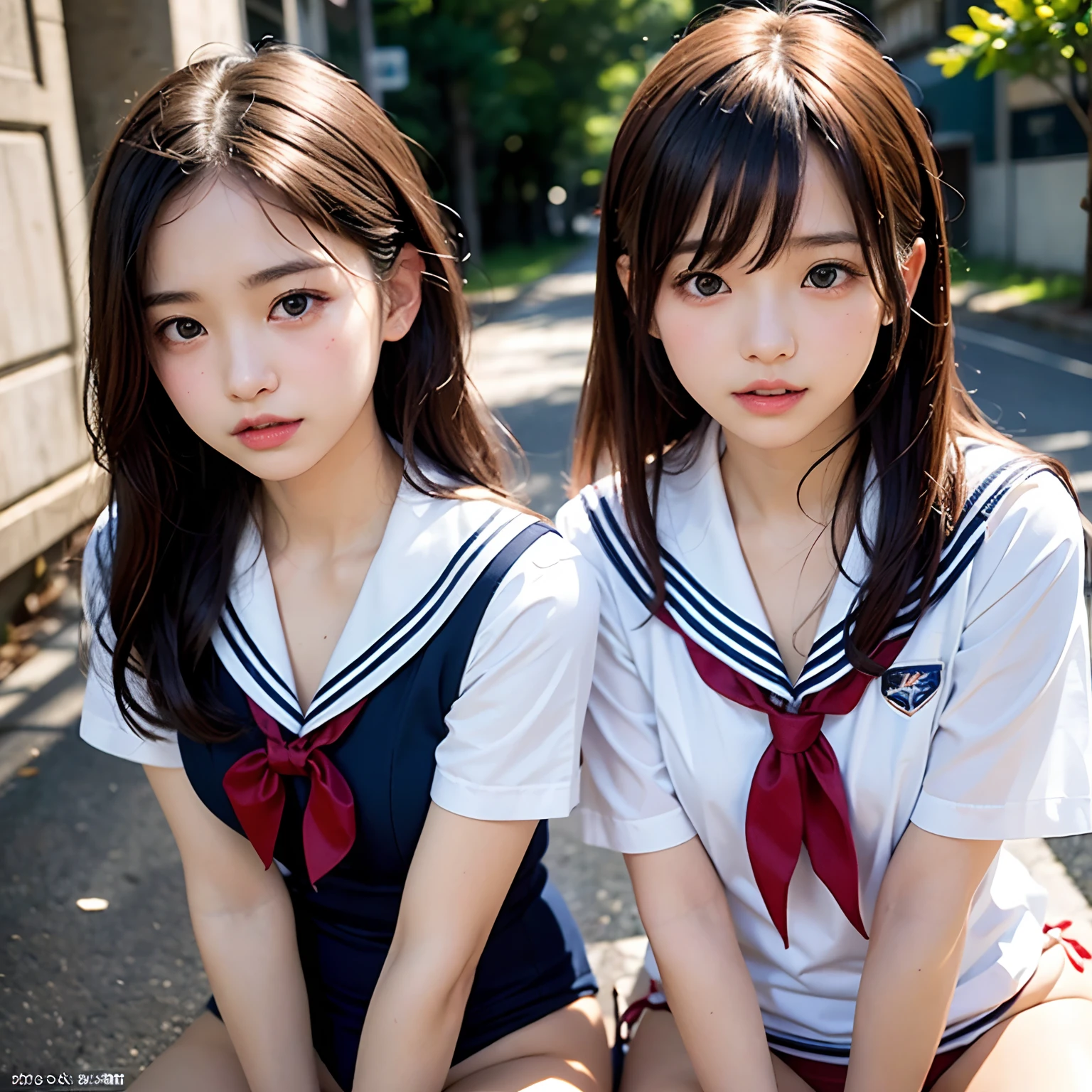 (masutepiece, Best Quality:1.2), 8K, Official art, Raw photo, full body Esbian、Red panties with patterns、skinny、14years、small tits、unbelievable Ridiculous, (Upper body, Sailor suit on top、Panties underneath、serafuku:1.4), Beautiful Girl, Pretty Face, arching back down, cute panty、Gold hair ornament on hair、close up, School uniform, Short sleeve, gardenia, violaceaess, Teen, Street, Looking at Viewer, Film grain, chromatic abberation, Sharp Focus, face lights, Dynamic lighting, Cinematic lighting, Eyes and faces with detailed, Bokeh background, (1 dark red bow tie:1.2)