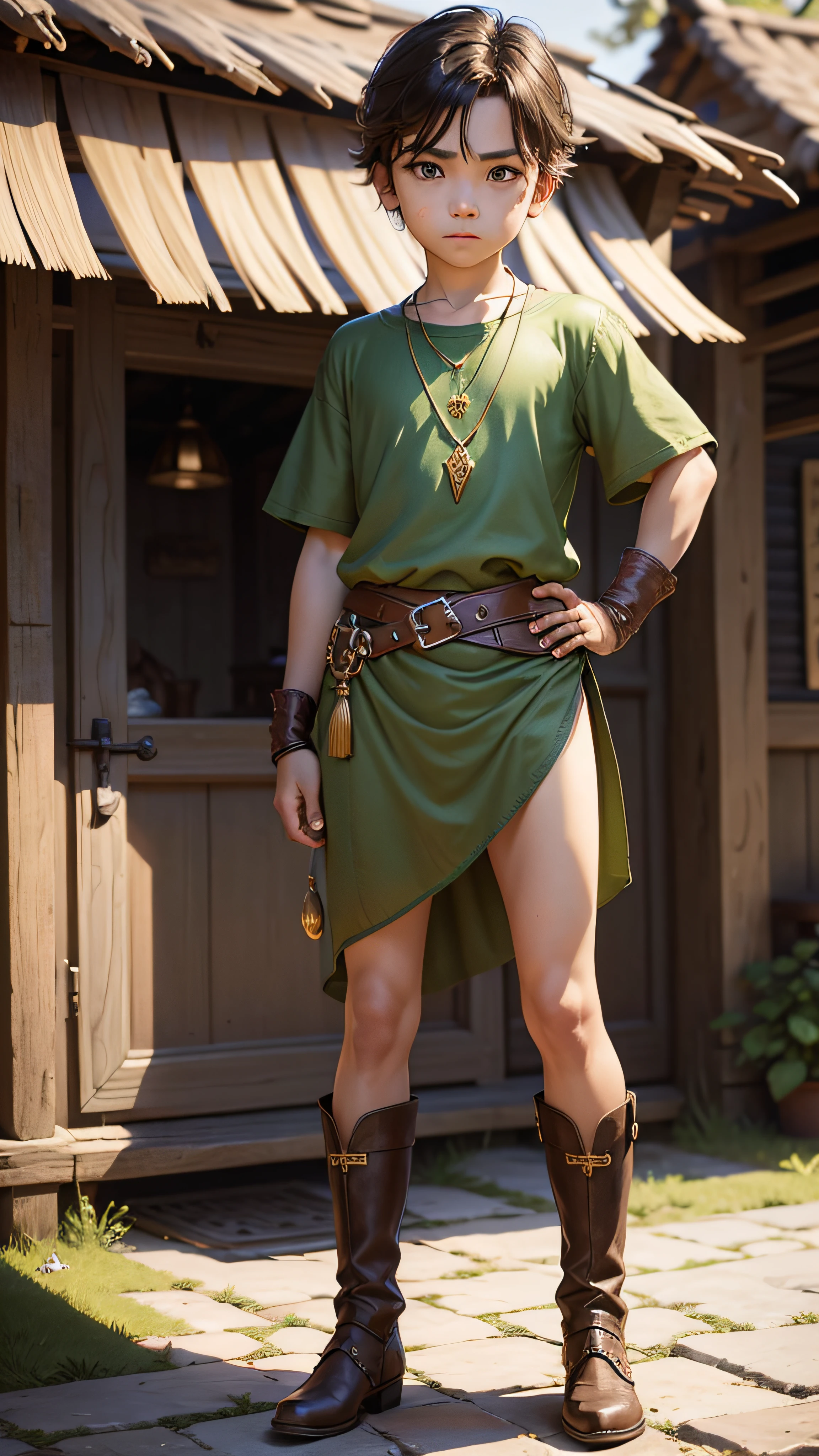 masterpiece), best quality, expressive eyes, perfect face, fable video game, in front of a village tavern, 9  boy wearing a green tunic shirt, standing, outside, full portrait, wearing gold pendant necklace, wearing leather boots, strong thighs, 9 year old