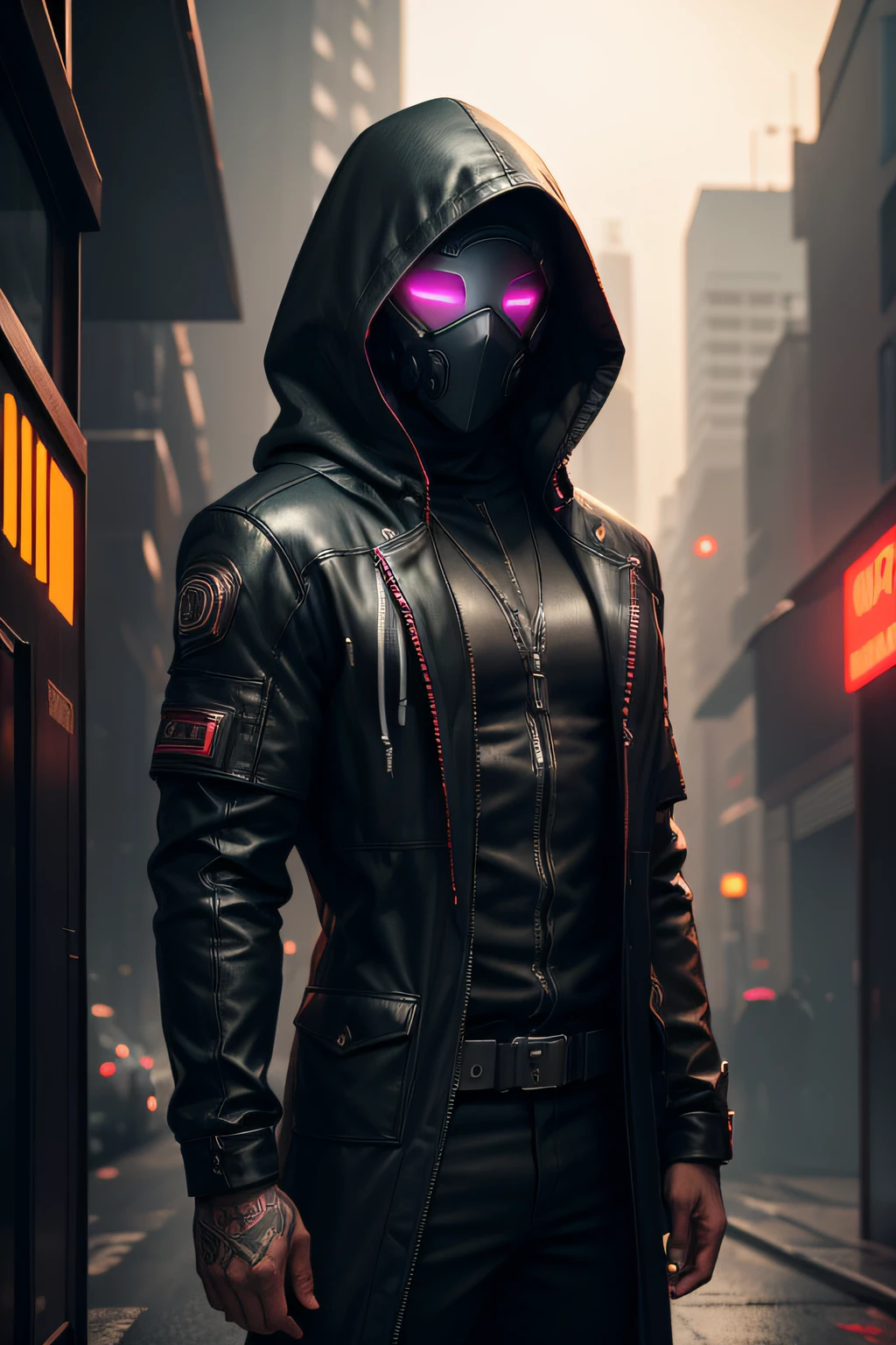 Man, 40s, with hood, partially covered face, high contrast, 4k high definition, Cyberpunk, highly technological. frontal position, bright eyes, clothing details with technology, side position, muscular