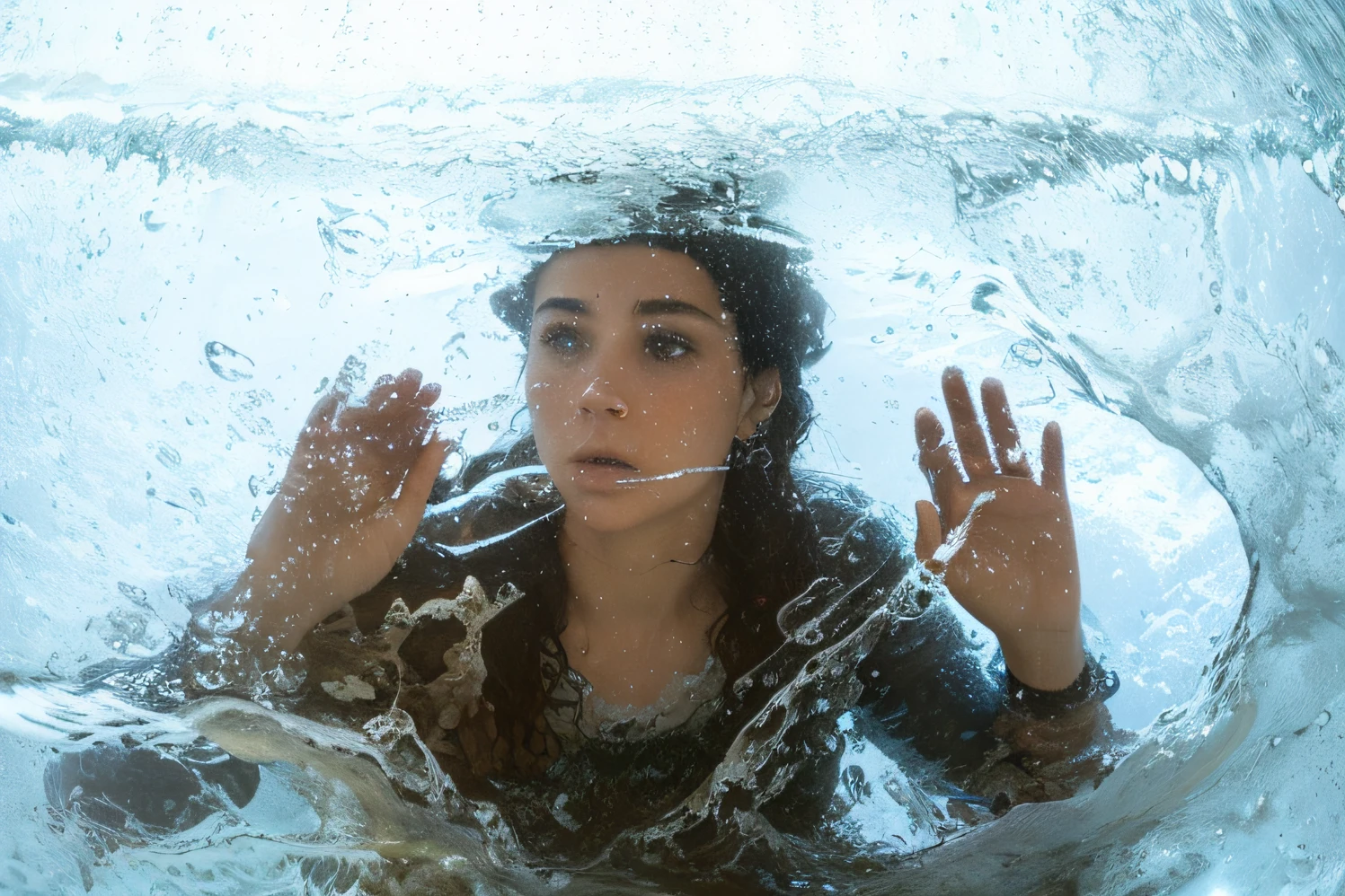 There's a woman standing inside a glass container, preso no gelo, humans hide in the underwater, claustrofobia, freezing, Andreas Franco, in a underwater horror scene, Imagem promocional, coberto de gelo, Portrait of a woman underwater, Artista Alyssa Monks, Looking through the frosted glass, dramatic submerged, Ainda do filme A Chegada, inside water