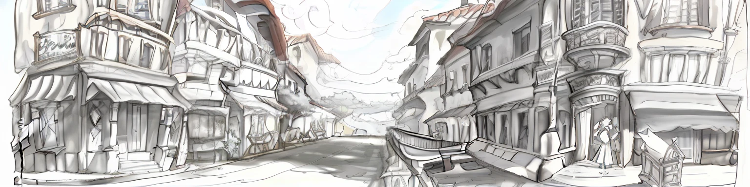 um desenho preto e branco de uma cena cotidiana de rua com pessoas caminhando, Anime Cidade Lineart, desenho conceitual, vignette illustration