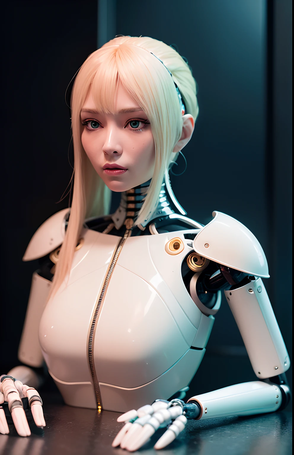 Intricate 3d rendering of highly detailed beautiful ceramic silhouette female robot face, robot, beautiful girl face,blonde hair, human torso, robot limbs, 150 mm, beautiful studio soft light, rim light, vibrant details, luxurious cyberpunk, lace, surreal, anatomy, facial muscles, cables wires, microchip, elegant, beautiful background, octane rendering, HR Giger style, 8k, best quality, masterpiece, illustration, very delicate and beautiful, very detailed, CG, unity, wallpaper , (fidelity, fidelity: 1.37), amazing, fine detail, masterpiece, best quality, official art, very detailed cg unity 8k wallpaper, absurd, unbelievably absurd, robot, full body, sitting