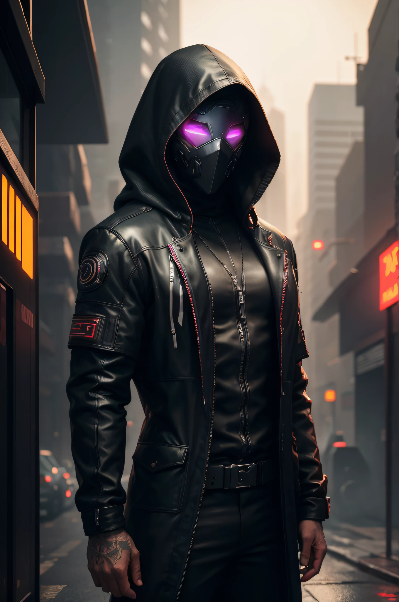 Man, Anos 40, com capuz, face parcialmente coberta, alto contraste, 4k high definition, Cyberpunk, Highly technological. lateral position, olhos brilhantes, detalhes de roupas com tecnologia, lateral position, musculoso