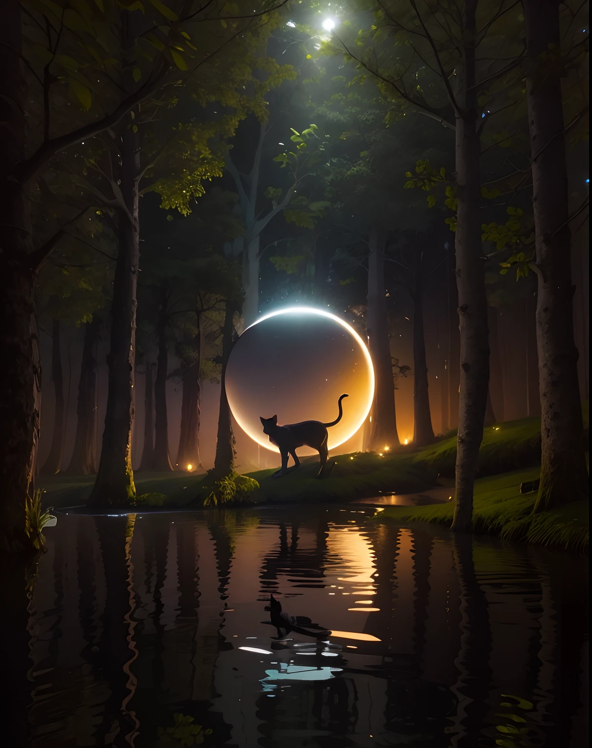 Gato preto em uma floresta, it is night time, uma floresta, Tall trees, Lago refletindo a luz da lua