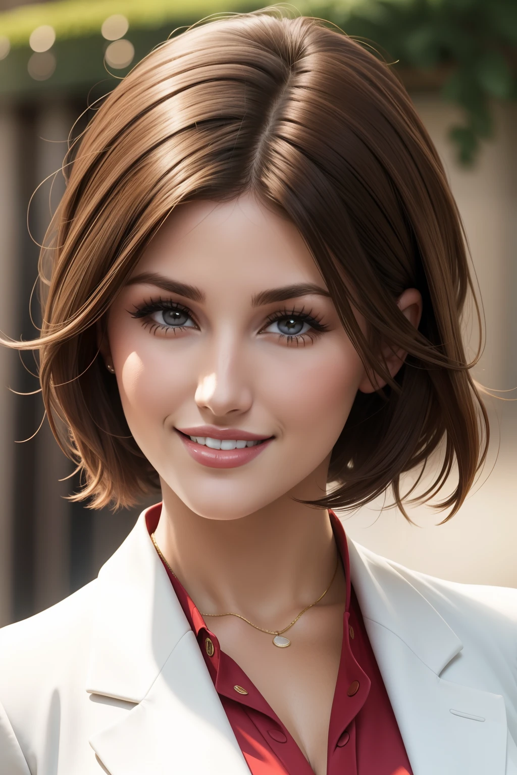 Lucy Pinder, Face portrait, smiling, short hair, brown hair, white blazer, red lipstick.