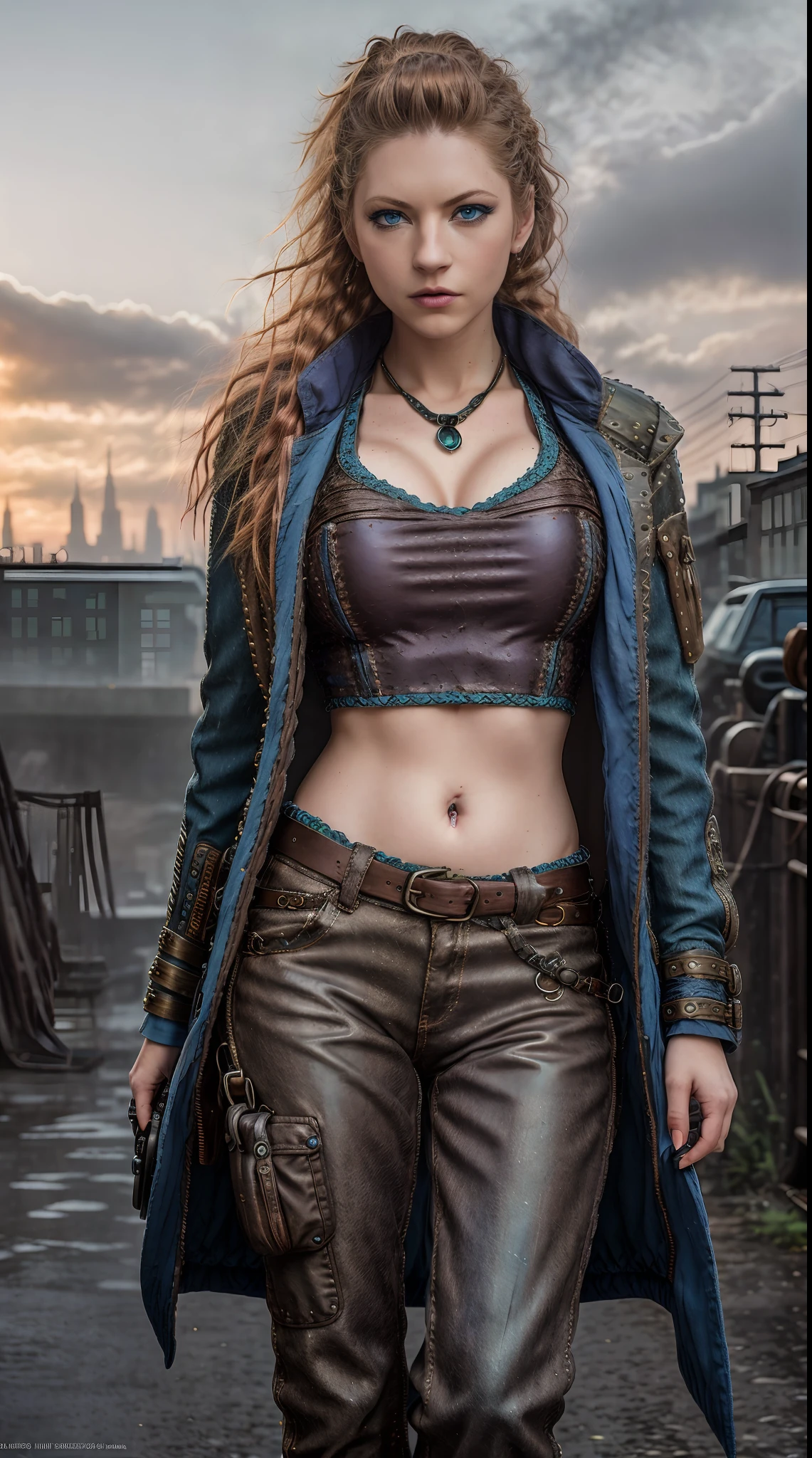 medium shot photo of a mix of (steampunk:0.8) and (cyberpunk:0.5), ((blue eyes)) Katherine with dark red long hair, wearing low rise pants crop top and jacket, nice cleavage, intricate steampunk+ city, evening, dark, atmospheric, mist, best quality masterpiece, photorealistic, detailed, 8k, HDR, shallow depth of field, broad light, high contrast, backlighting, bloom, light sparkles, chromatic aberration, sharp focus, RAW color photo,full body, massive perfect breast